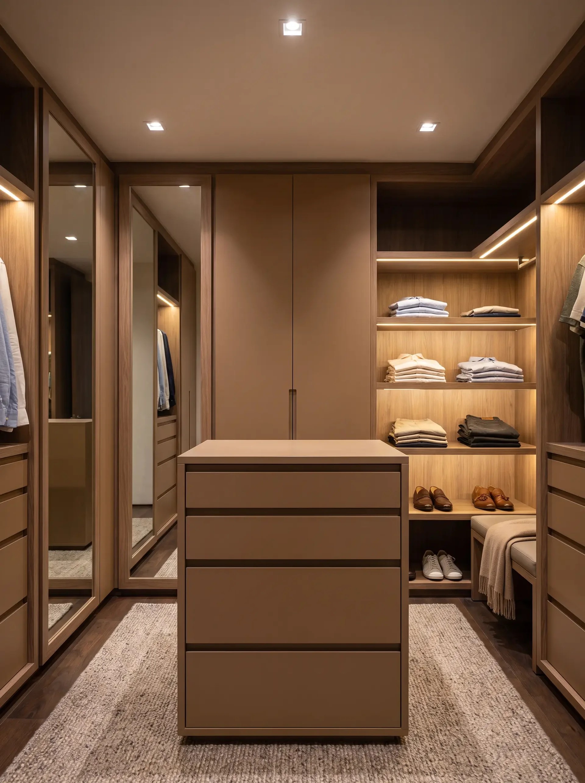 Walk-in closet a medida color camel con isla