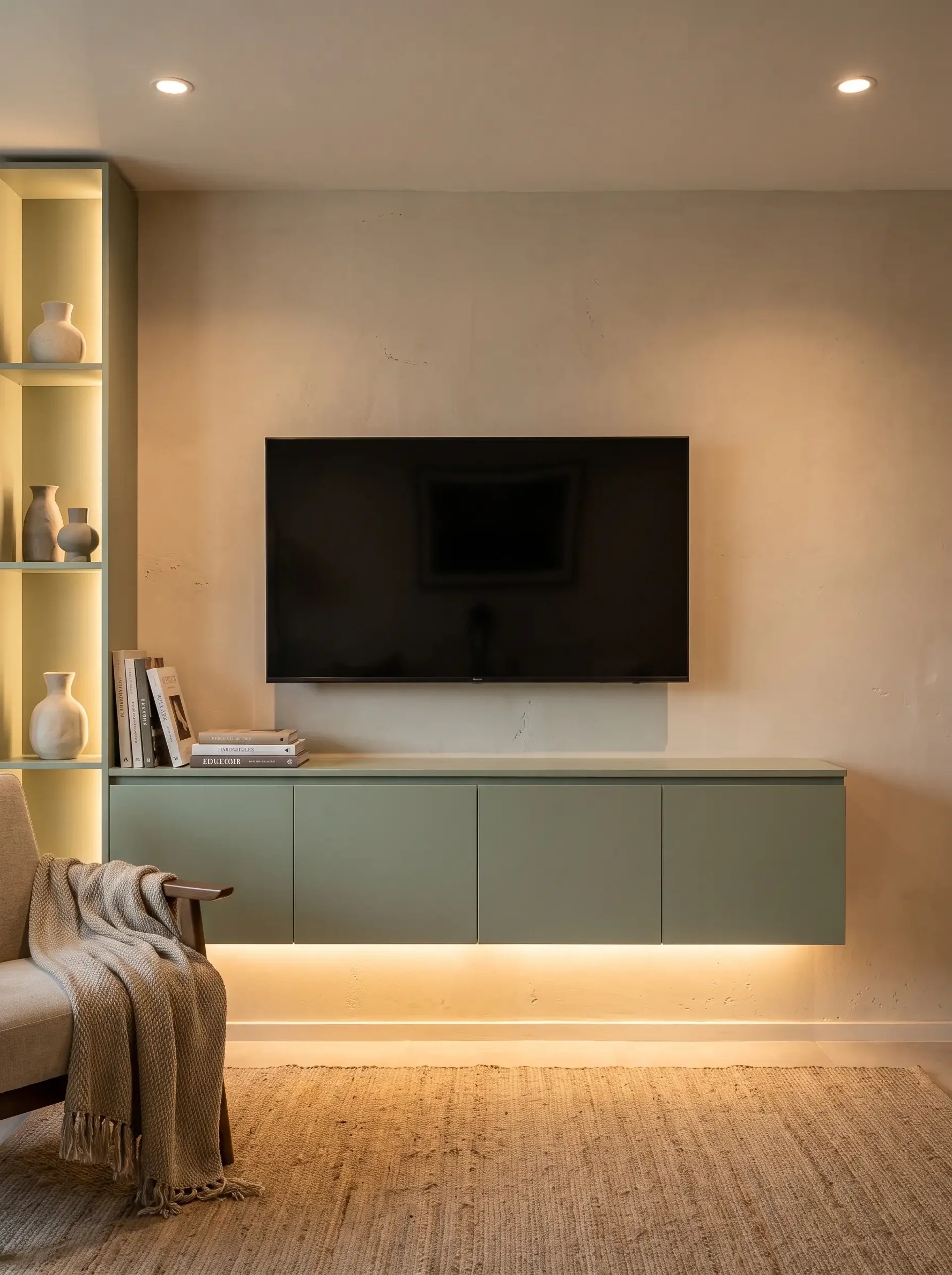 Mueble de TV a medida verde salvia en sala de estar