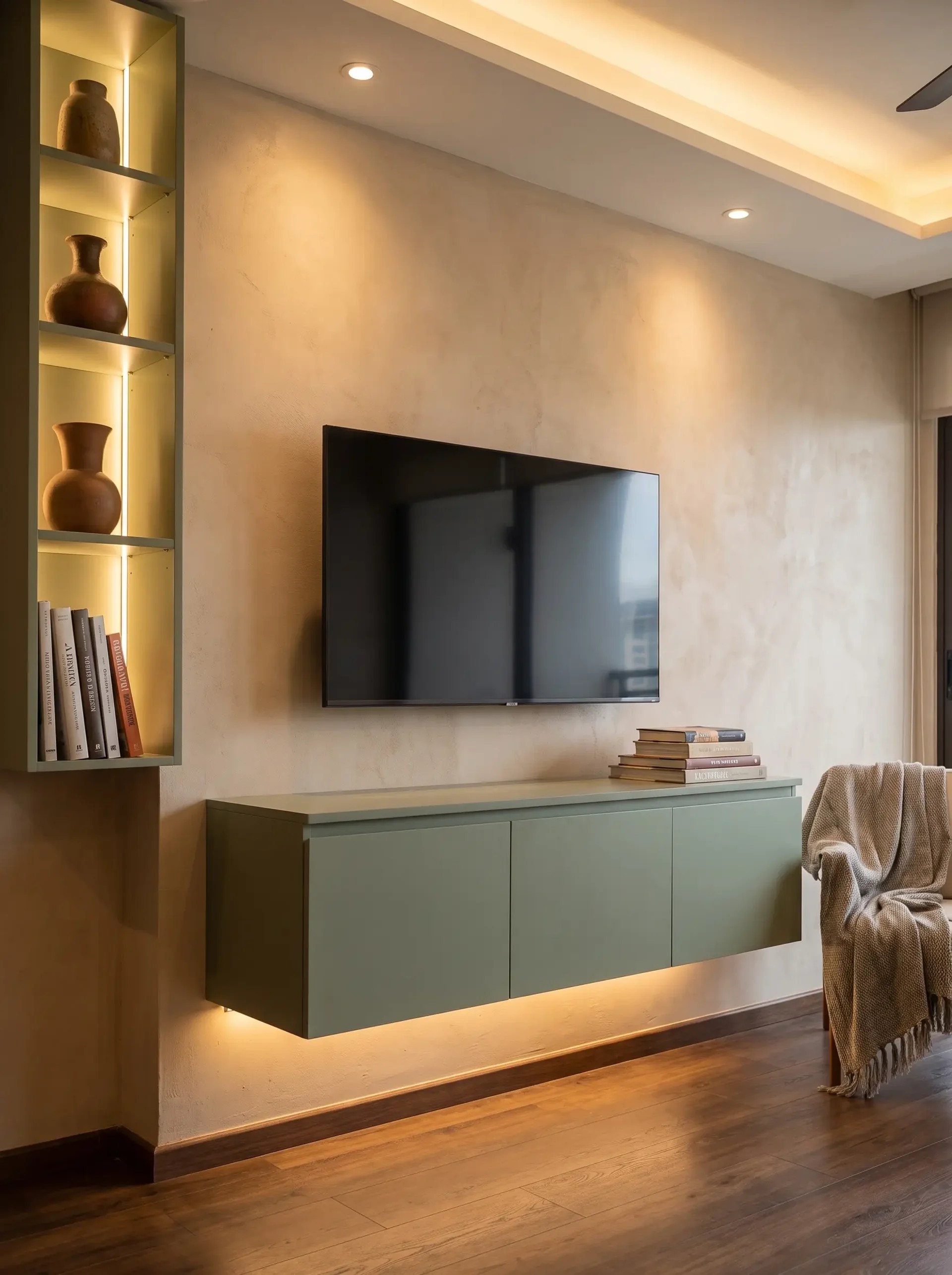 Mueble de TV a medida verde salvia fabricado por Häbita Furniture