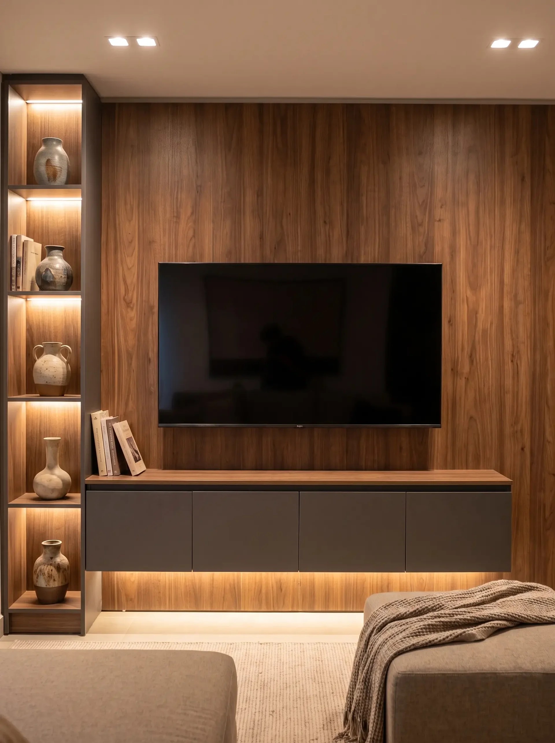 Mueble de TV flotante a medida en apartamento panameño, Häbita Furniture